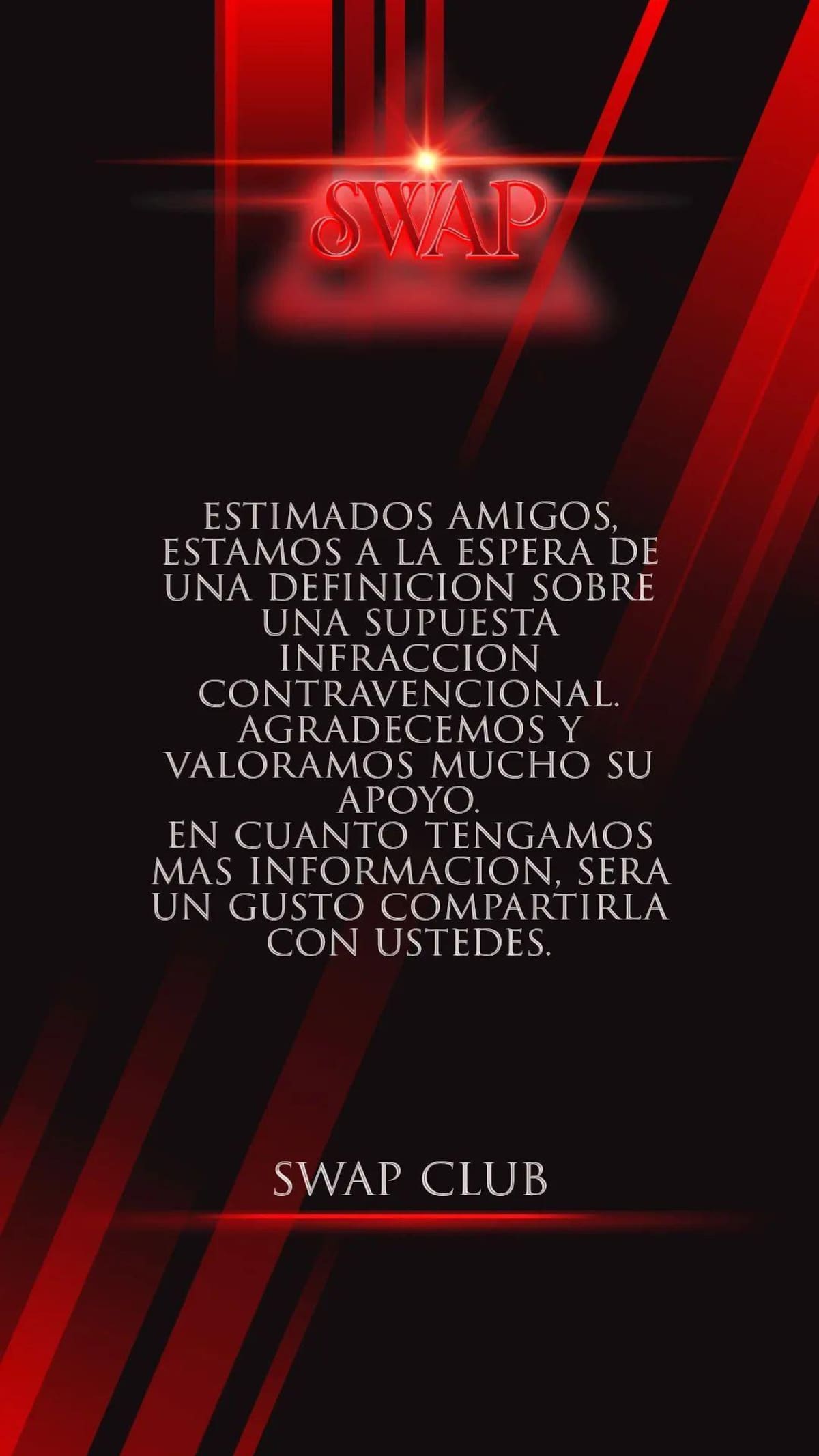 El mensaje de Swap tras la clausura del establecimiento. Foto: Instagram @swapclubbsas.