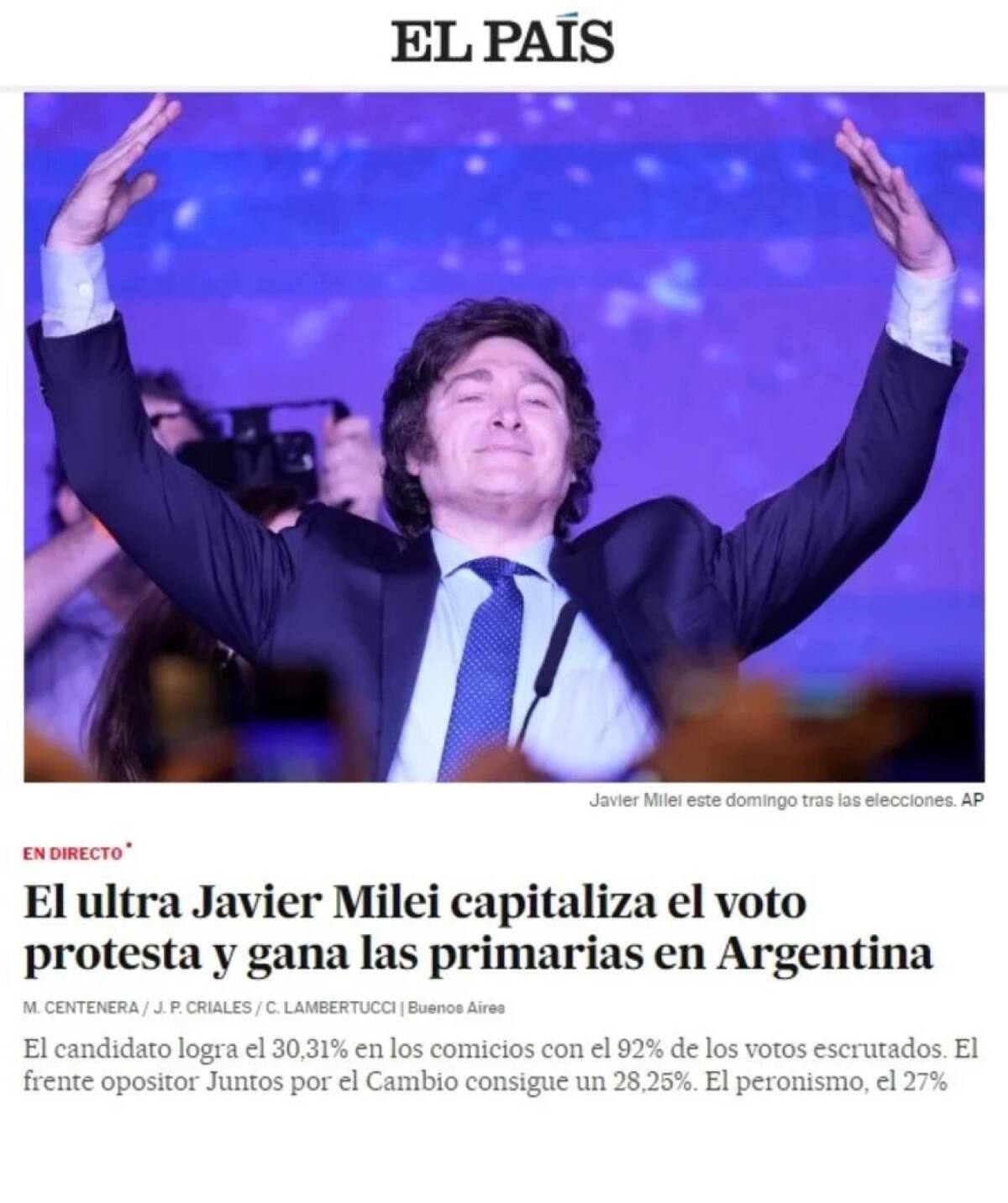 El País sobre el triunfo de Javier Milei
