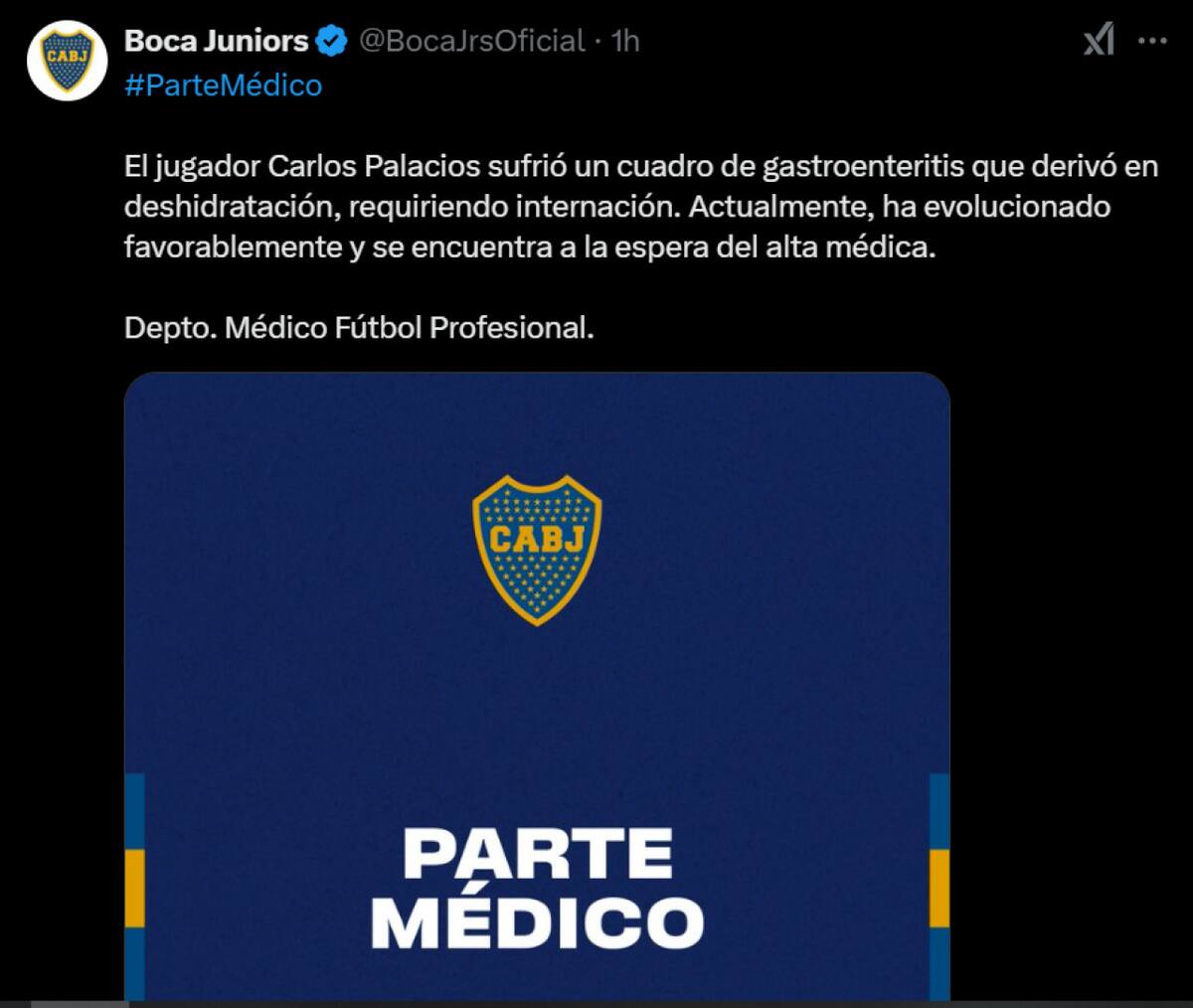 El parte médico de Carlos Palacios. Foto: captura