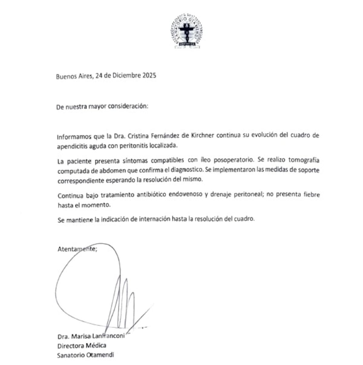 El parte médico de Cristina Kicrchner
