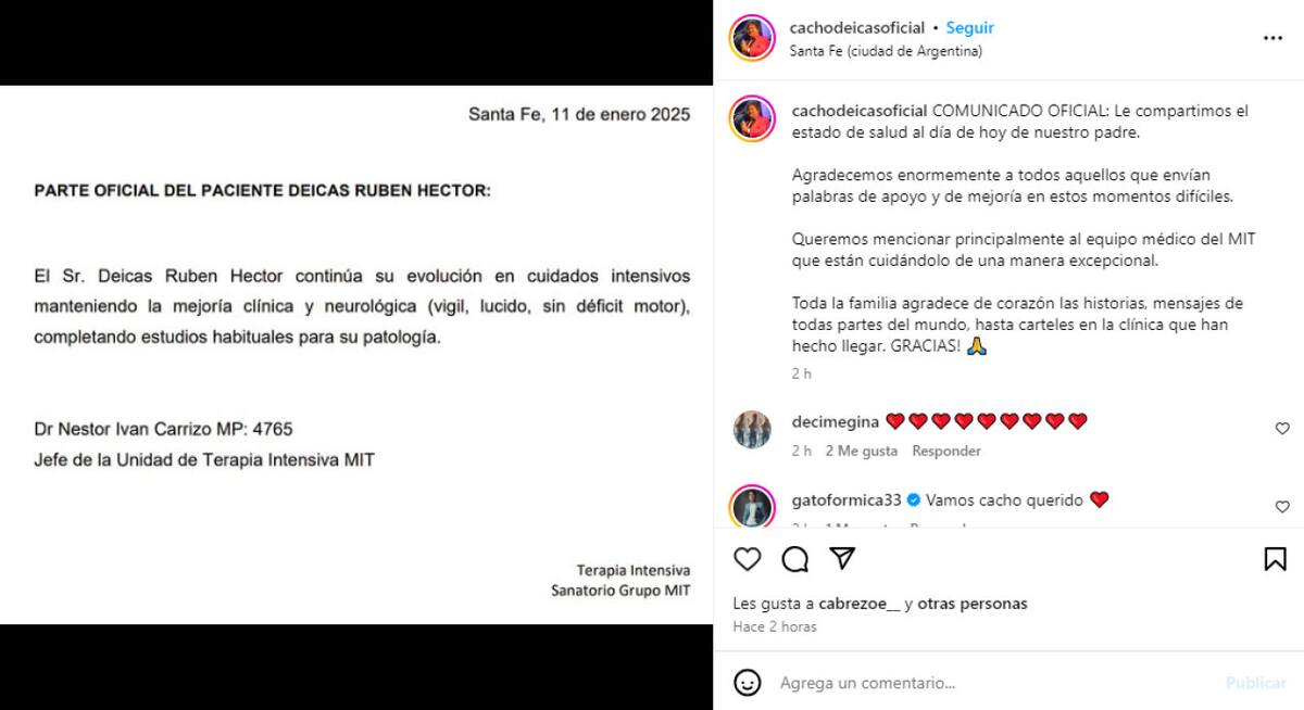 El parte médico y el mensaje de la familia de Cacho Deicas de Los Palmeras. Foto: Captura Instagram.