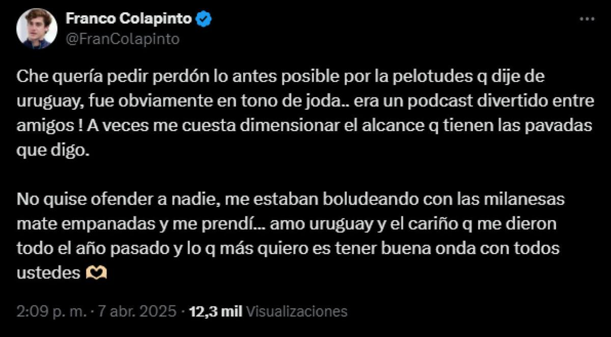 El pedido de disculpas de Colapinto. Foto: captura.