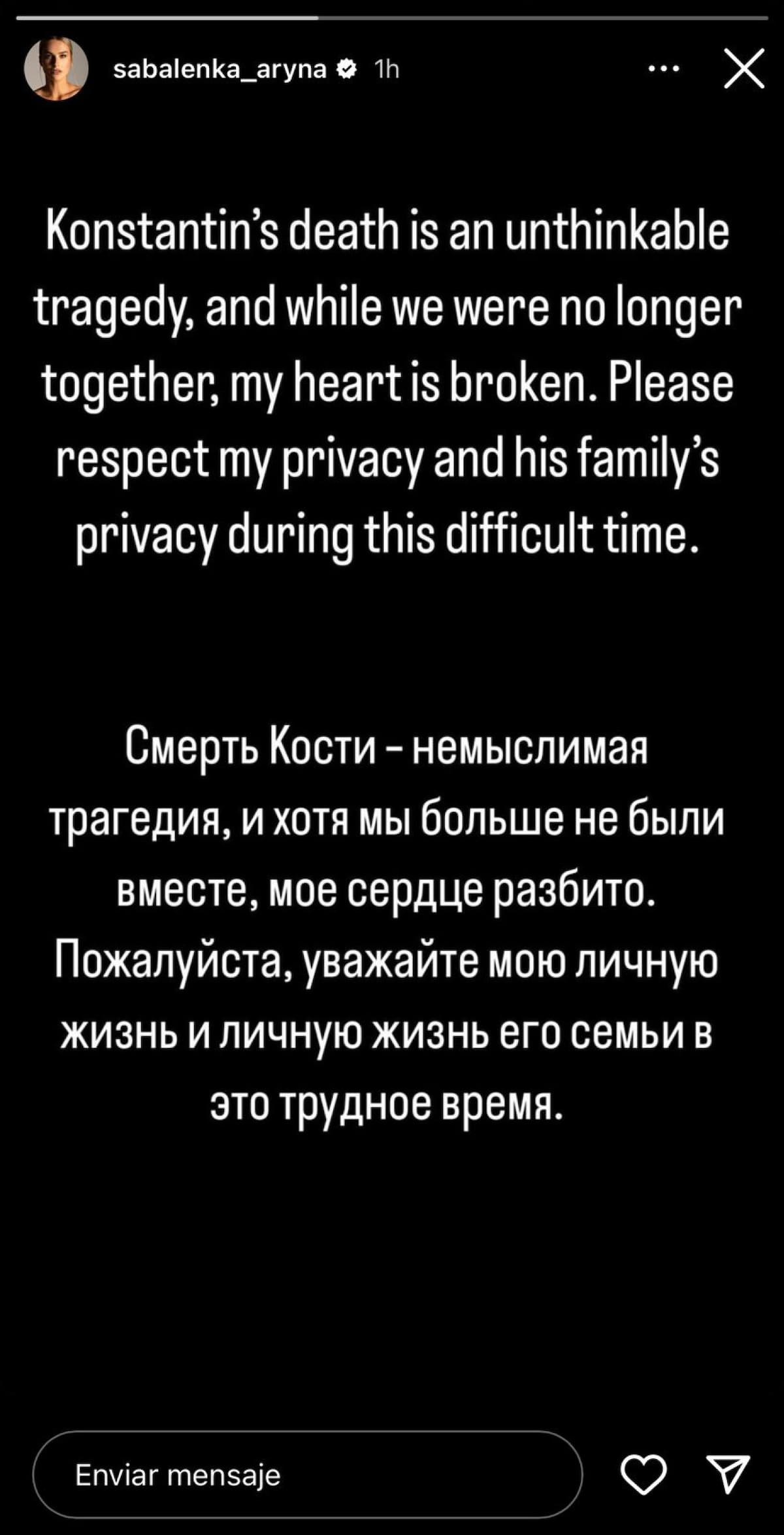 El posteo de Aryna Sabalenka luego de la muerte de su novio. Foto: Instagram