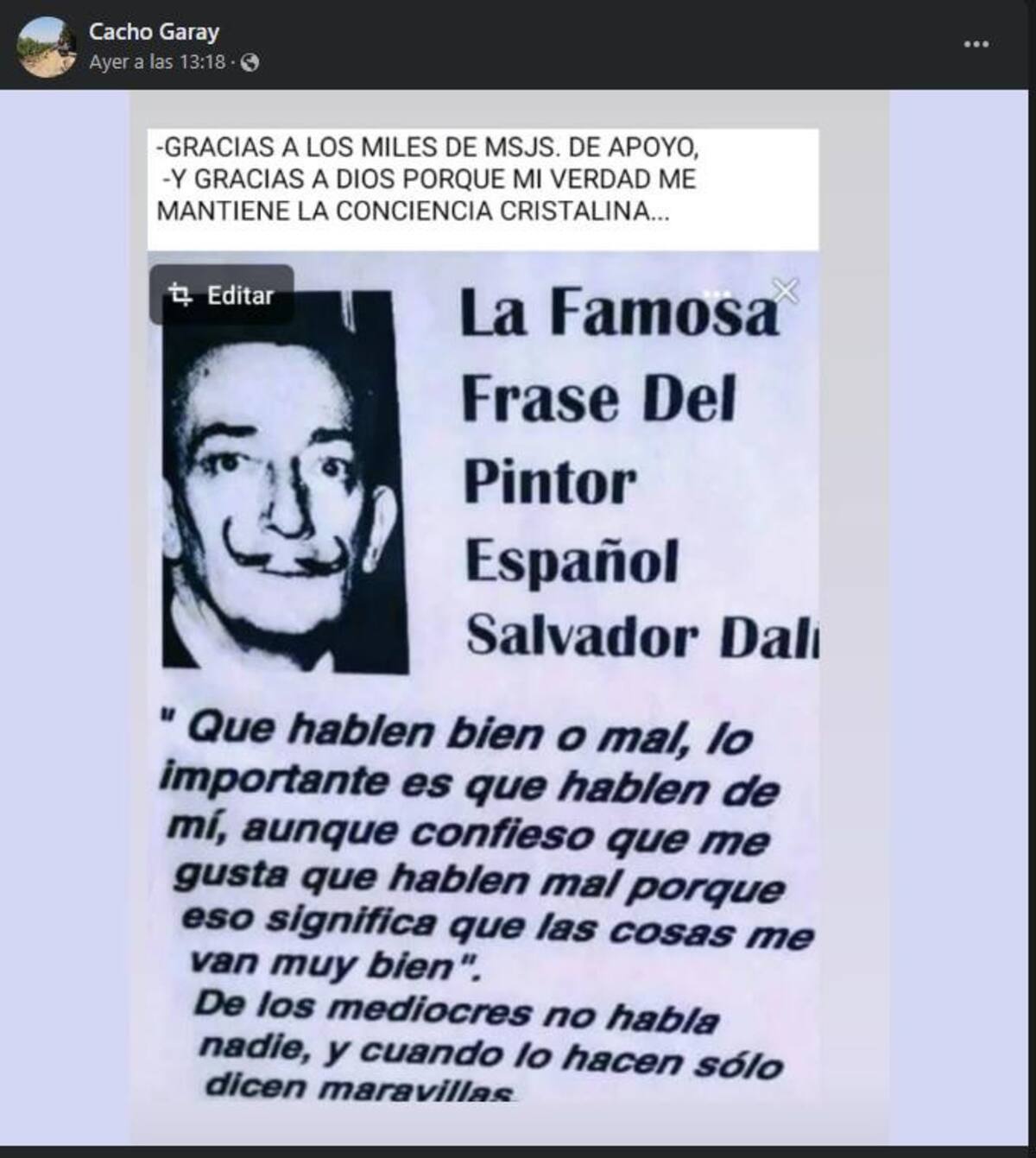 El posteo de Cacho Garay. Foto: Facebook.