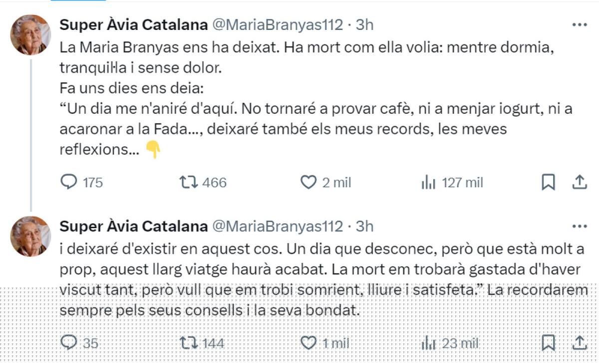 El posteo de la familia de María Branyas. Foto: redes sociales.