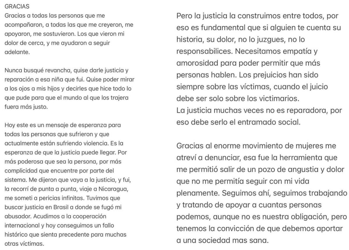 El posteo de Thelma Fardin. Foto: Instagram @soythelmafardin.