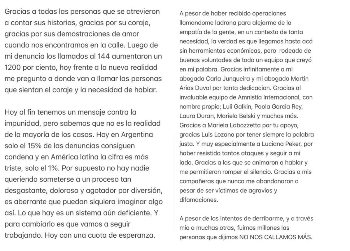 El posteo de Thelma Fardin. Foto: Instagram @soythelmafardin.