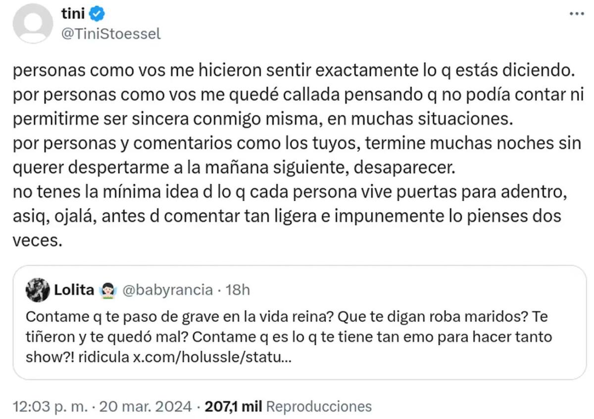 El posteo de Tini Stoessel. Foto: X.