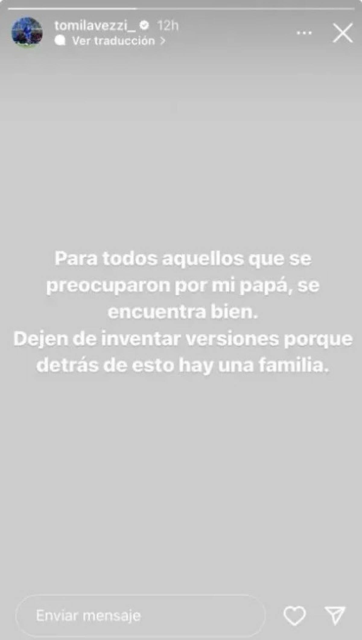 El posteo del hijo de Ezequiel Lavezzi sobre el estado de salud de su padre. Foto: @tomilavezzi_