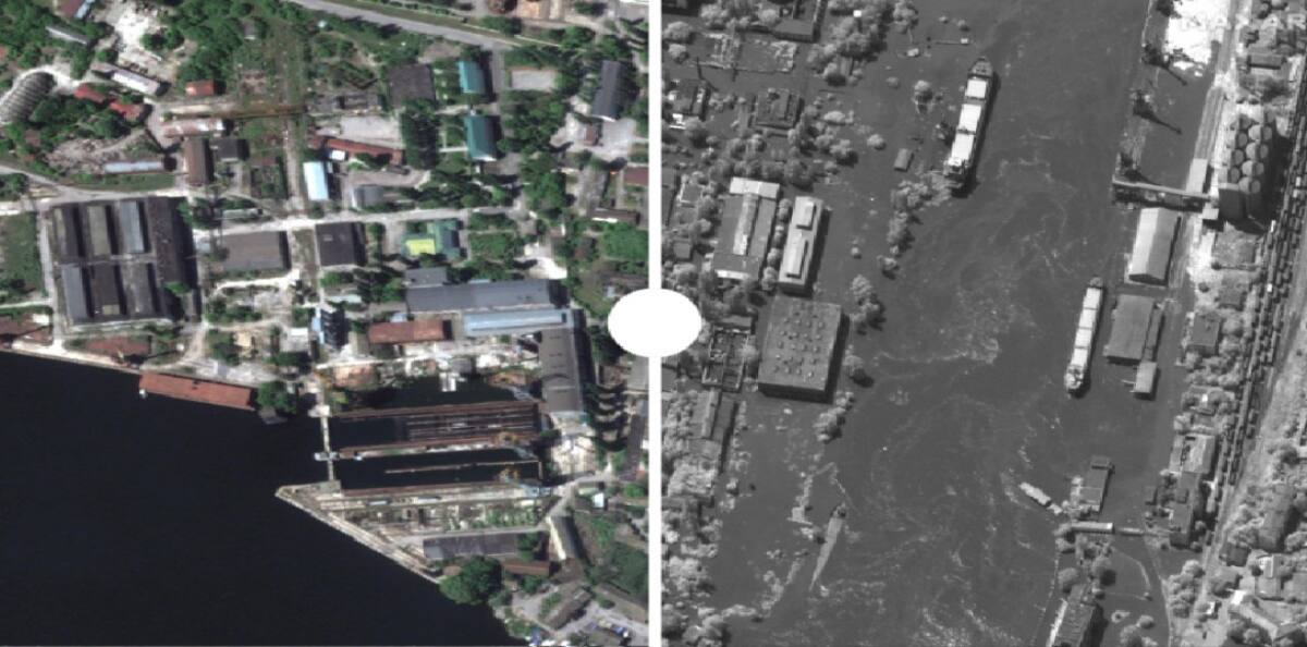 El Río Dniper antes y después de que se destruya la represa. Foto: Maxar.