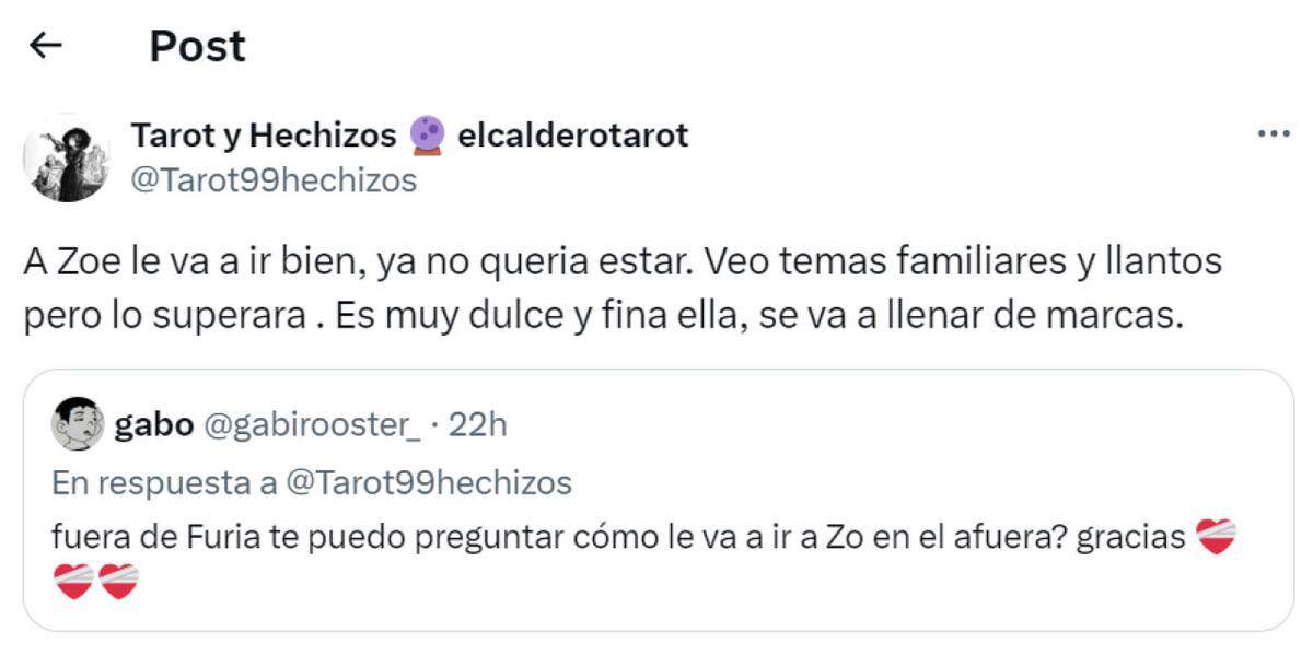 El tarot sobre Zoe de Gran Hermano. Foto: X.