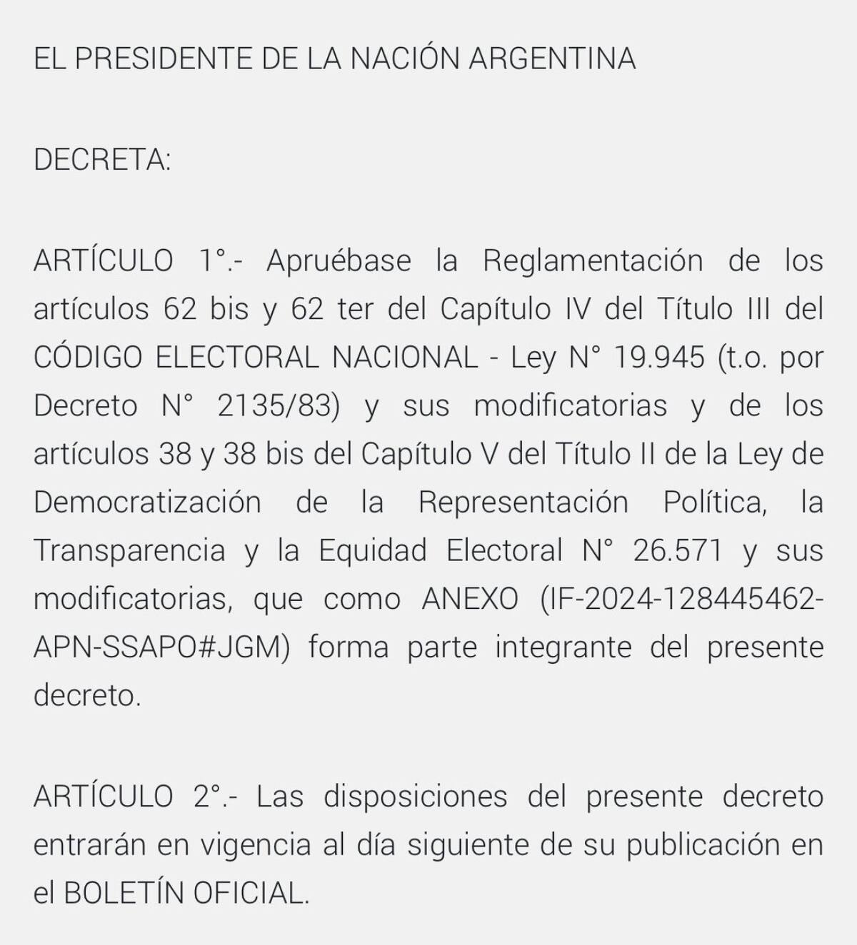 El texto del Boletín Oficial que oficializó la boleta única de papel. Foto: Captura.