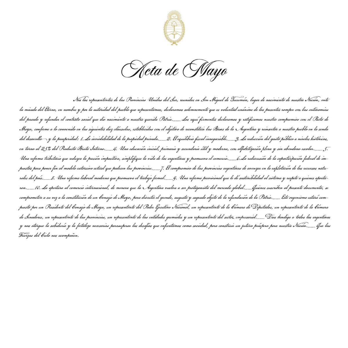 El texto del Pacto de Mayo. Foto: presidencia