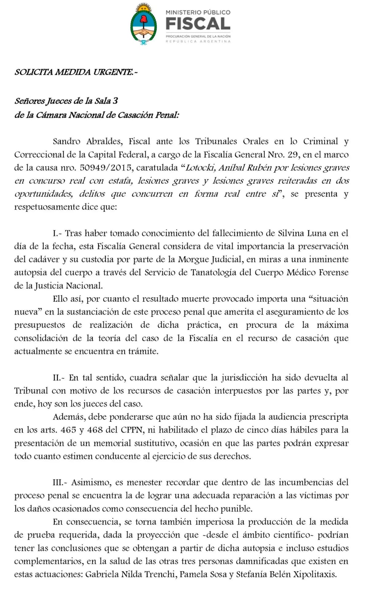El texto presentado por la Fiscalía.