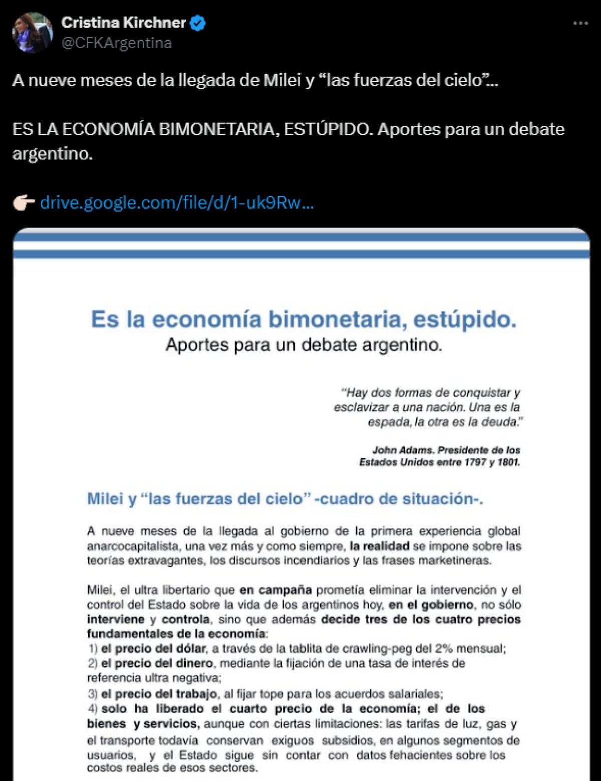 El tuit de Cristina Kirchner.