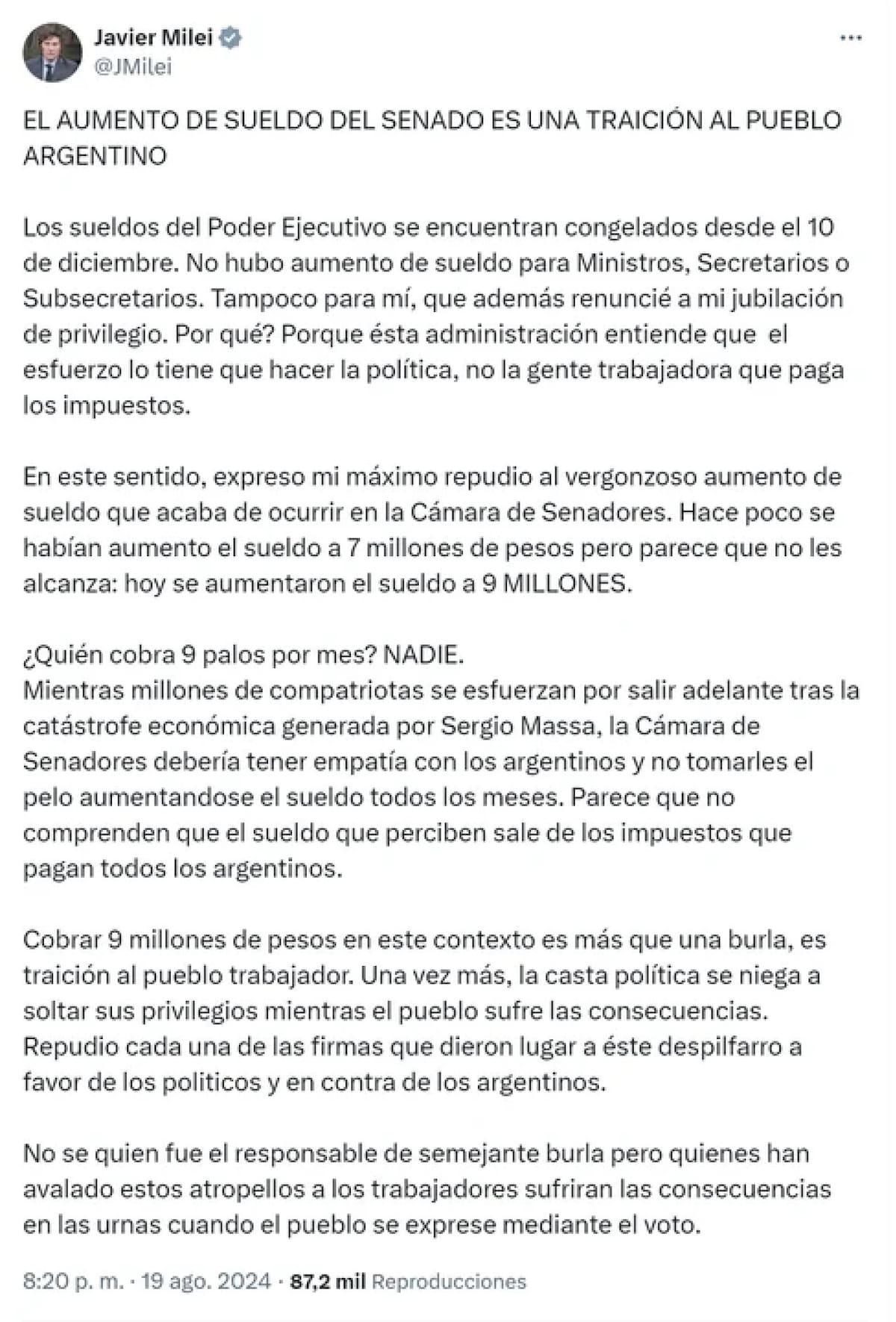 El tuit de Javier Milei por el aumento de sueldo de los senadores.