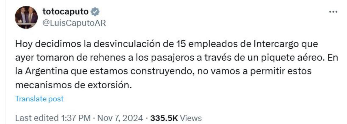 El tuit del Ministro de Hacienda, Luis Caputo, sobre Intercargo. Captura.