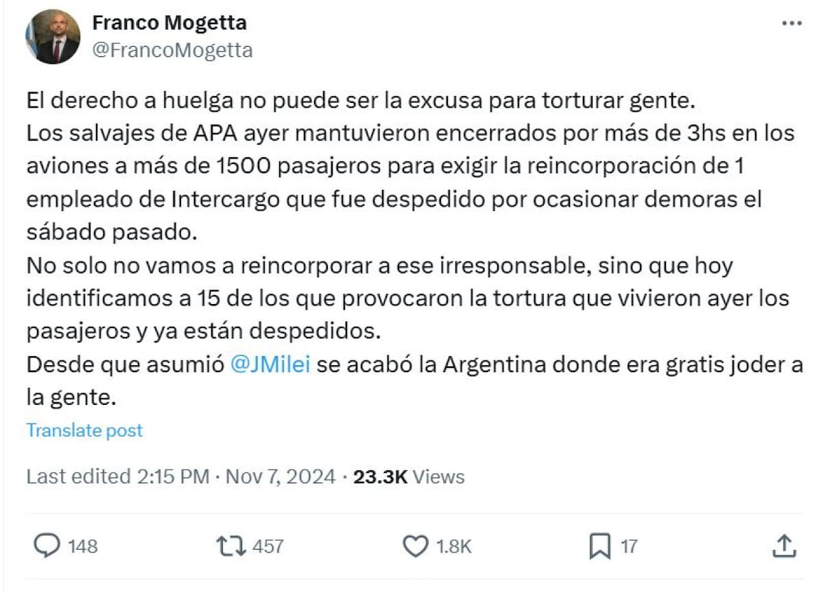 El tuit del Secretario de Transporte de la Nación, Franco Mogetta sobre Intercargo. Captura.