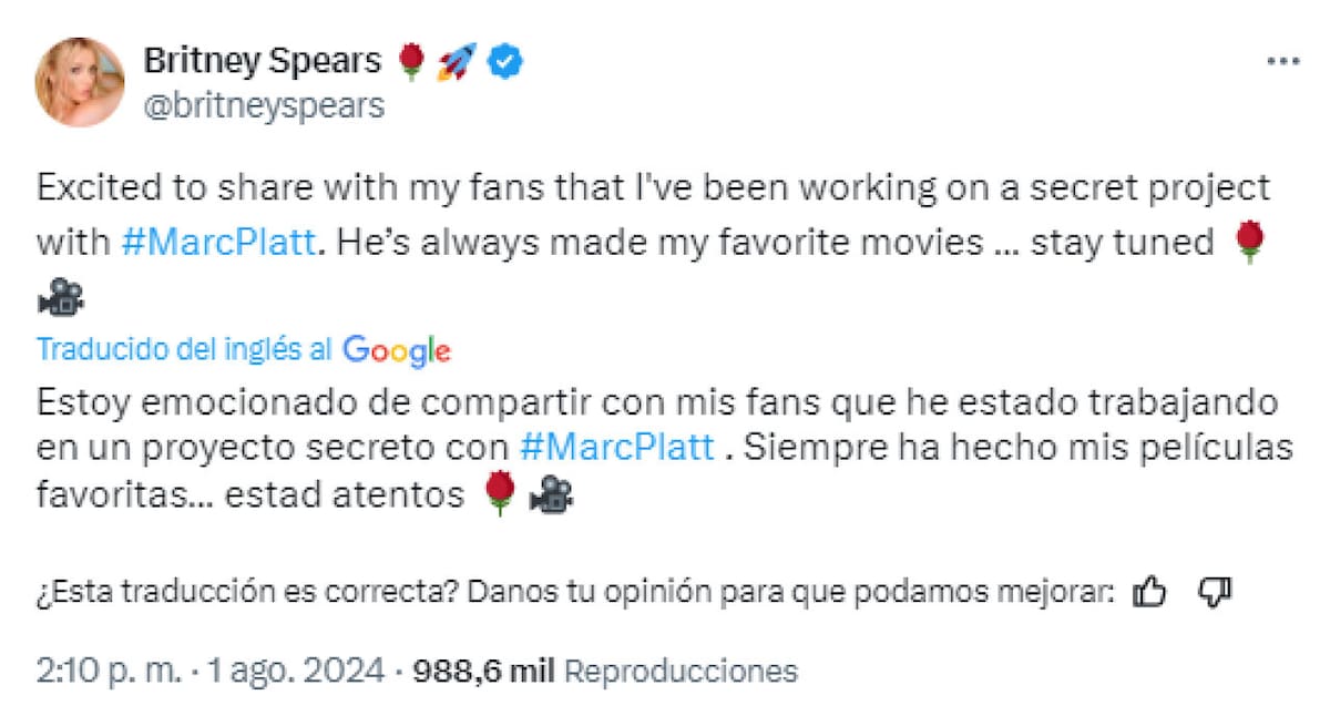 El tweet de Britney Spears sobre su película. Foto: Captura X.