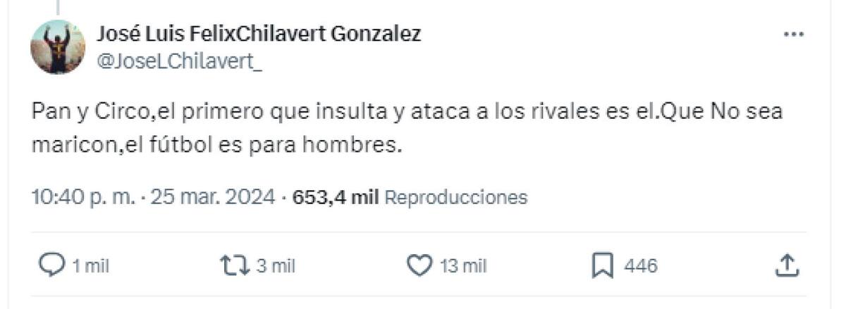 El tweet de Chilavert contra Vinicius. Foto: Twitter.