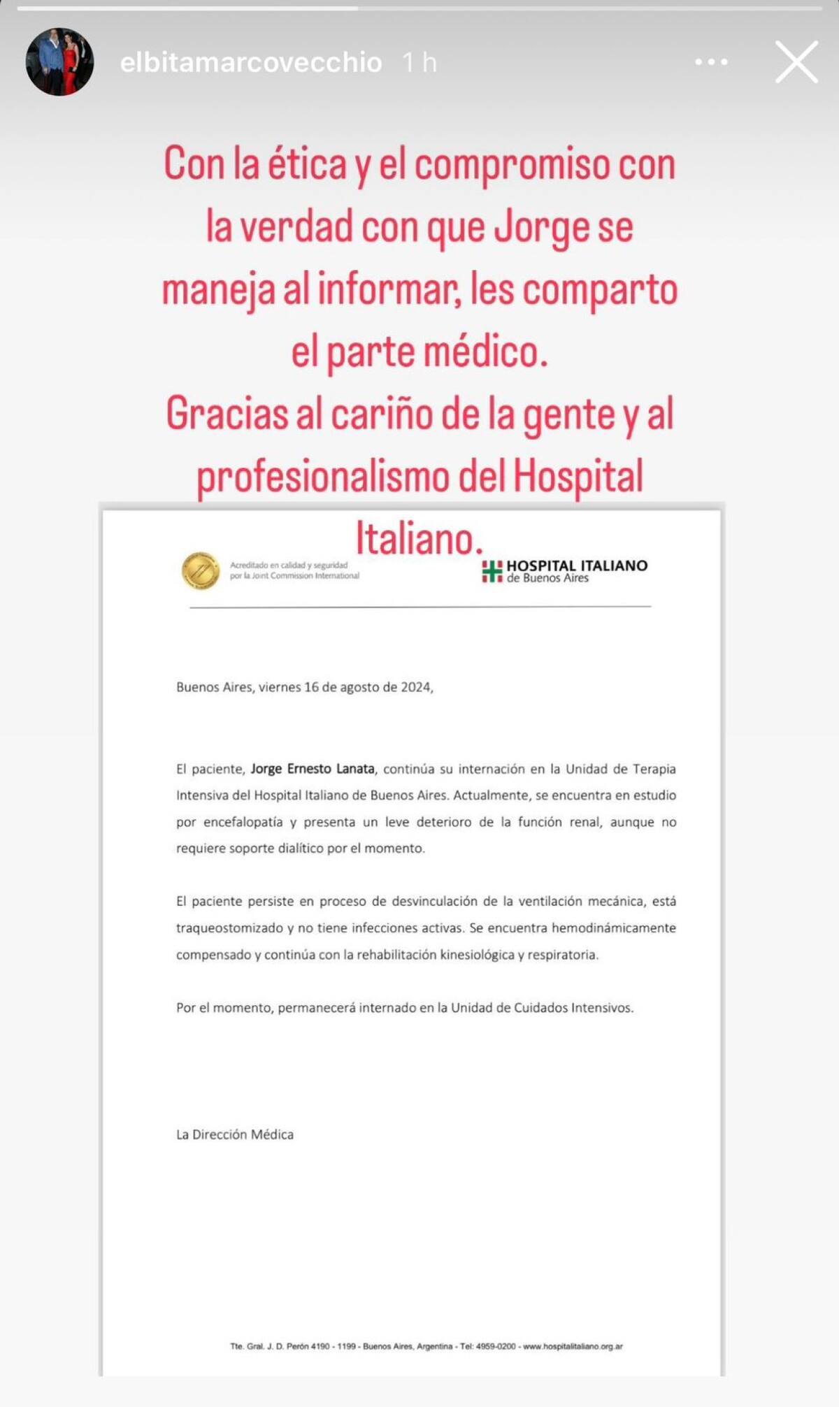 El último parte médico de Jorge Lanata. Foto: Instagram / elbitamarcovecchio