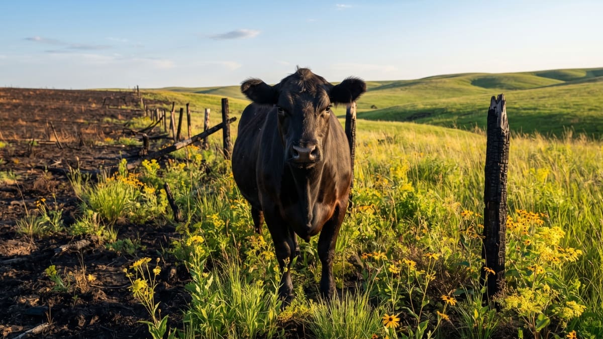 Una vaca mira a la cámara en un campo de Dakota del Sur, Estados Unidos.