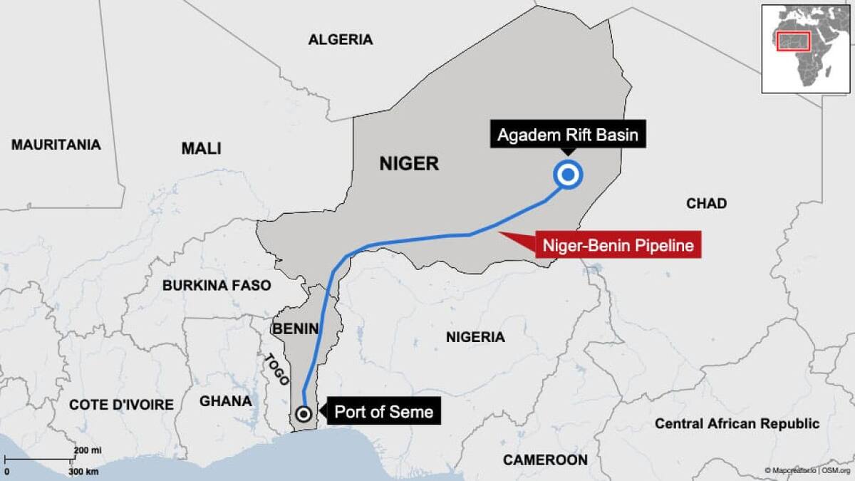 En azul, el trazado de la tubería de petróleo de Níger. Fuente: China Global South Project