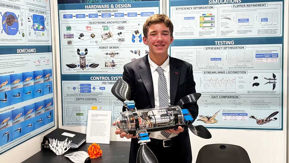 Tiene 15 años y construyó una tortuga robótica con IA que detecta contaminación bajo el agua con un 96% de precisión