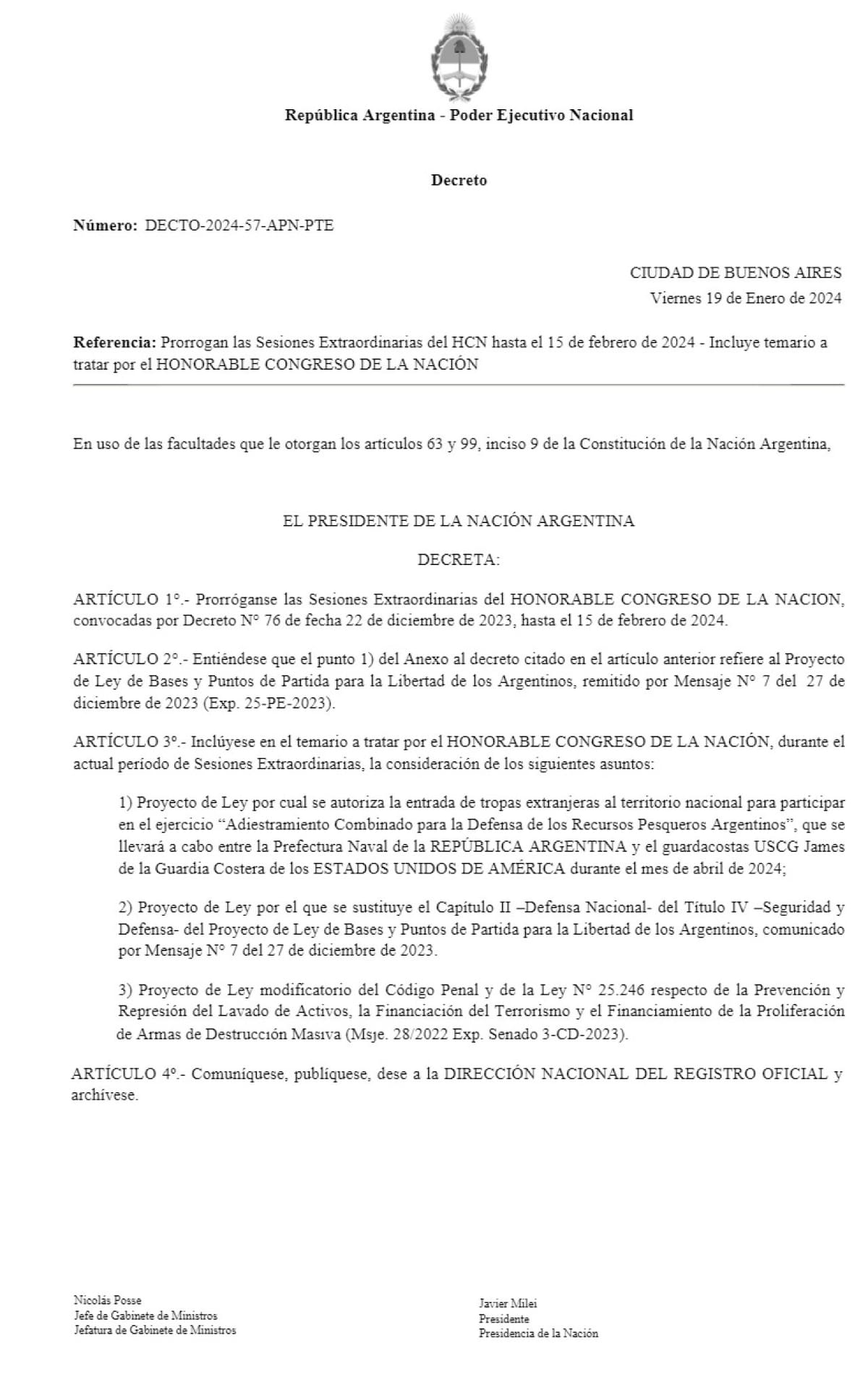 Extensión de las sesiones extraordinarias.