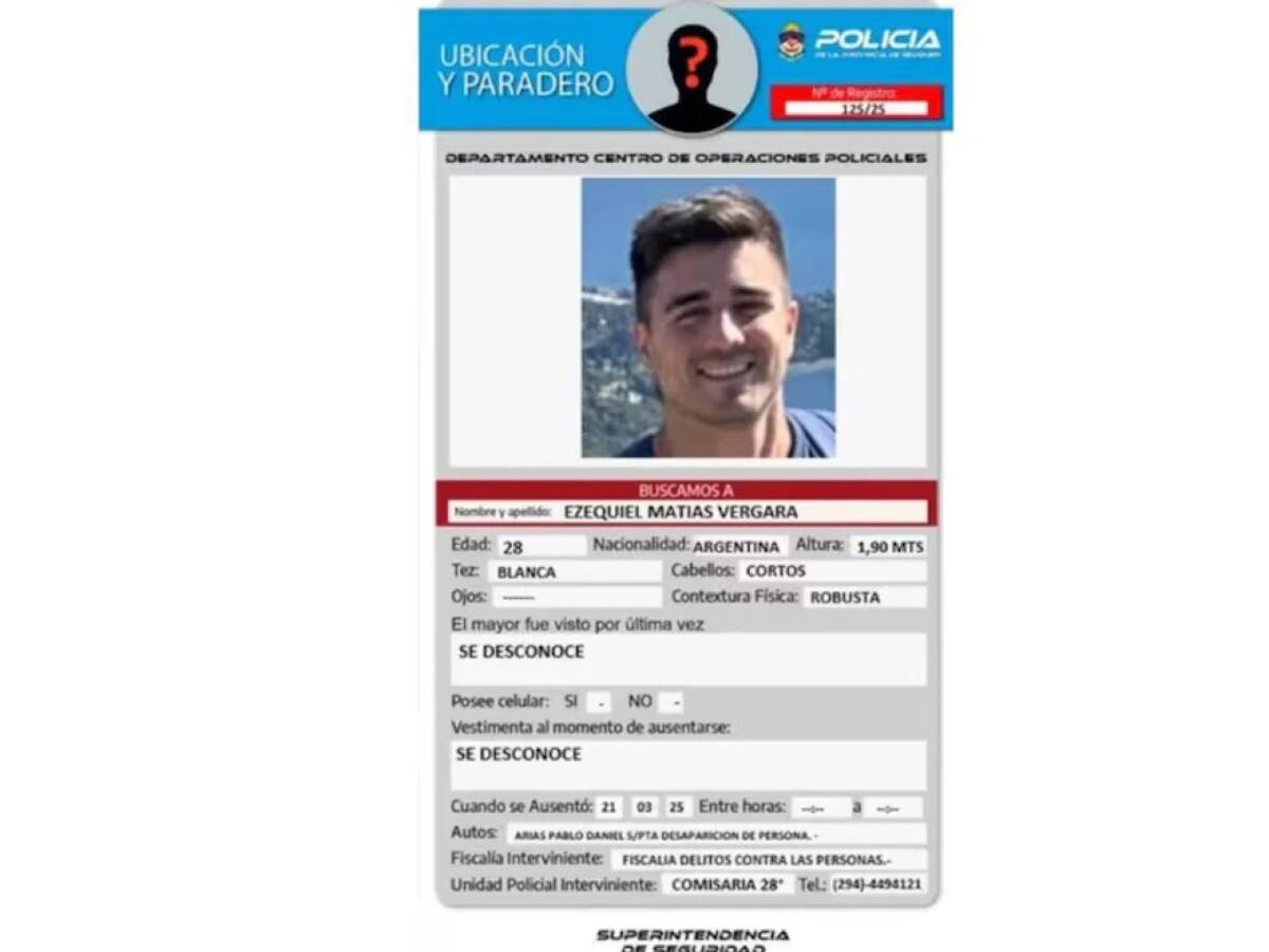 Ezequiel Matías Vergara, joven desaparecido en Villa La Angostura.