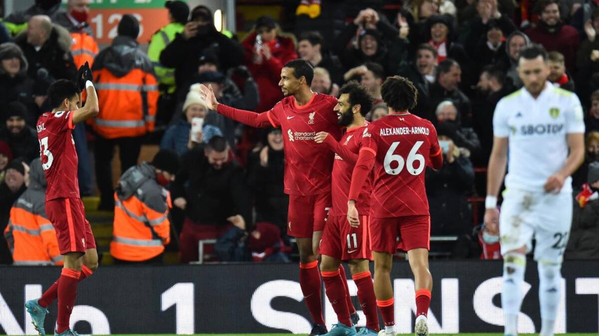 Festejo del Liverpool ante el Leeds por la Premier League, REUTERS