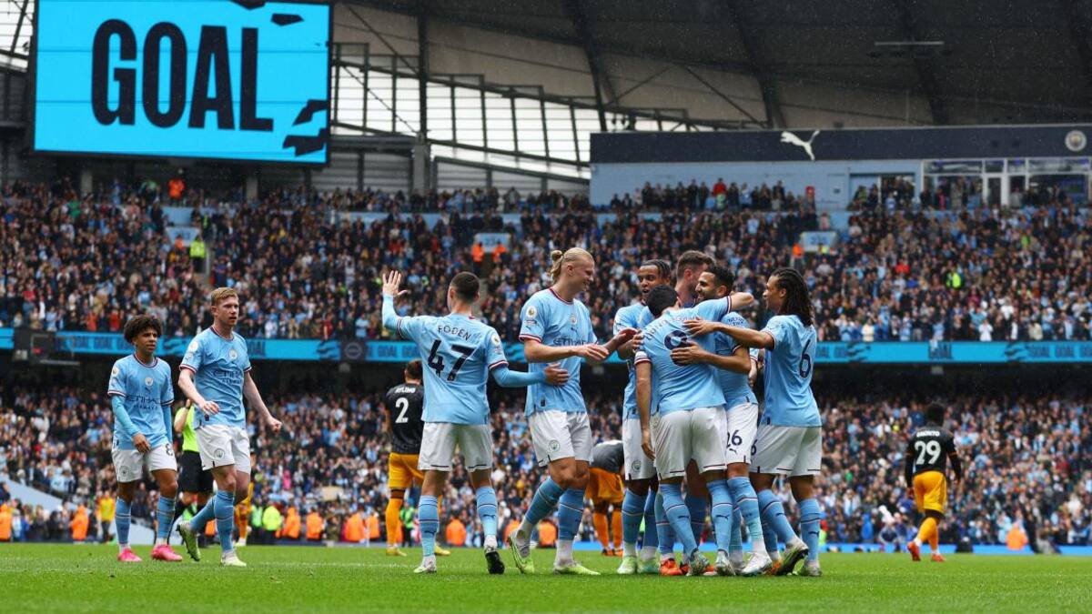 Festejo del Manchester City ante el Leeds por la Premier League. Foto: REUTERS.