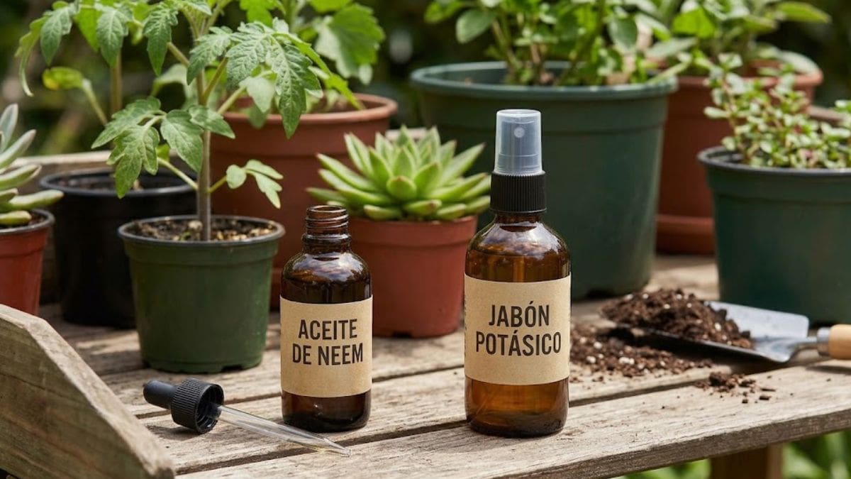 Mezclar jabón potásico, agua y aceite de neem.