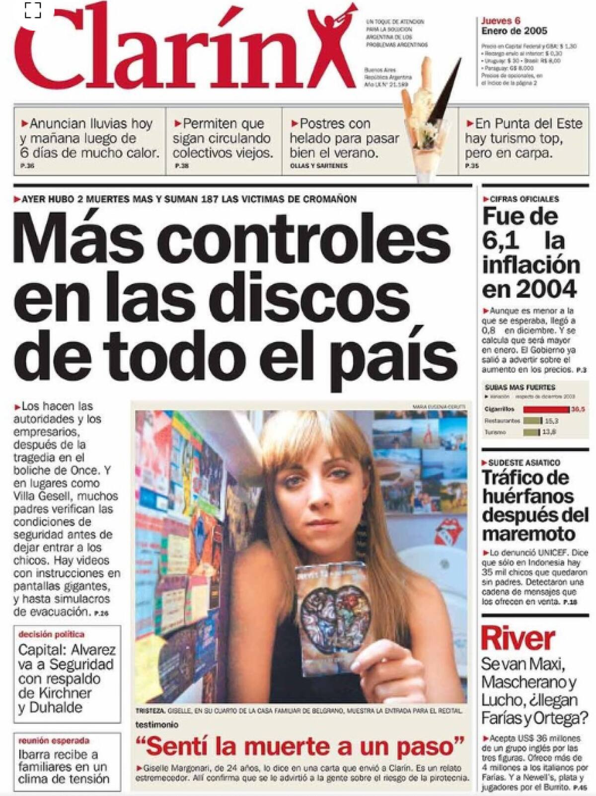 Giselle Margonari en la tapa del diario Clarin tras la masacre de Cromañón.
