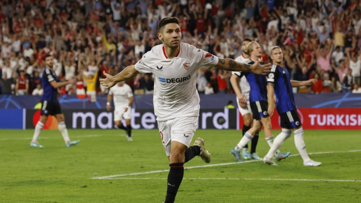 Gonzalo Montiel en la victoria del Sevilla por Champions League. Foto: REUTERS.