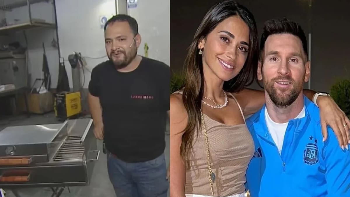 Guillermo, emprendedor de parrillas, y Lionel Messi y Antonela Roccuzzo. Foto: NA.