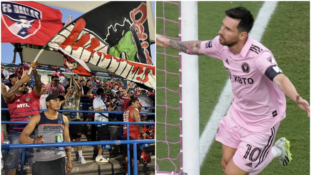 Hinchada del Dallas y Lionel Messi. Fotos: Twitter/ElMatadorFCD - Reuters.