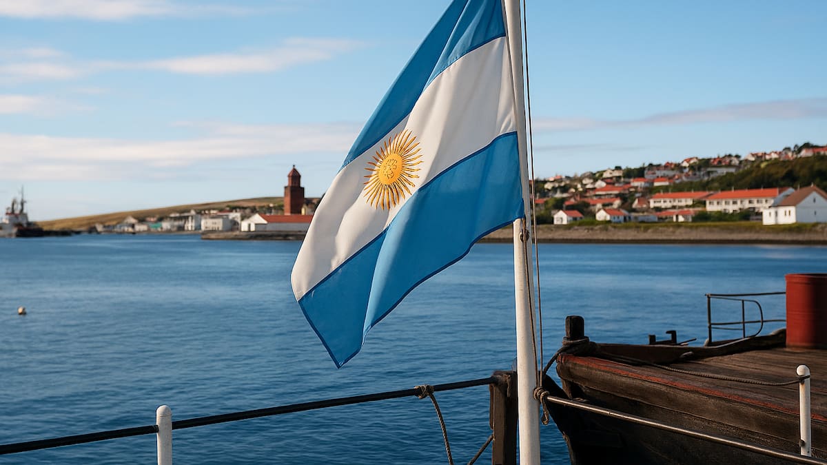 Bandera argentina en Puerto Argentino