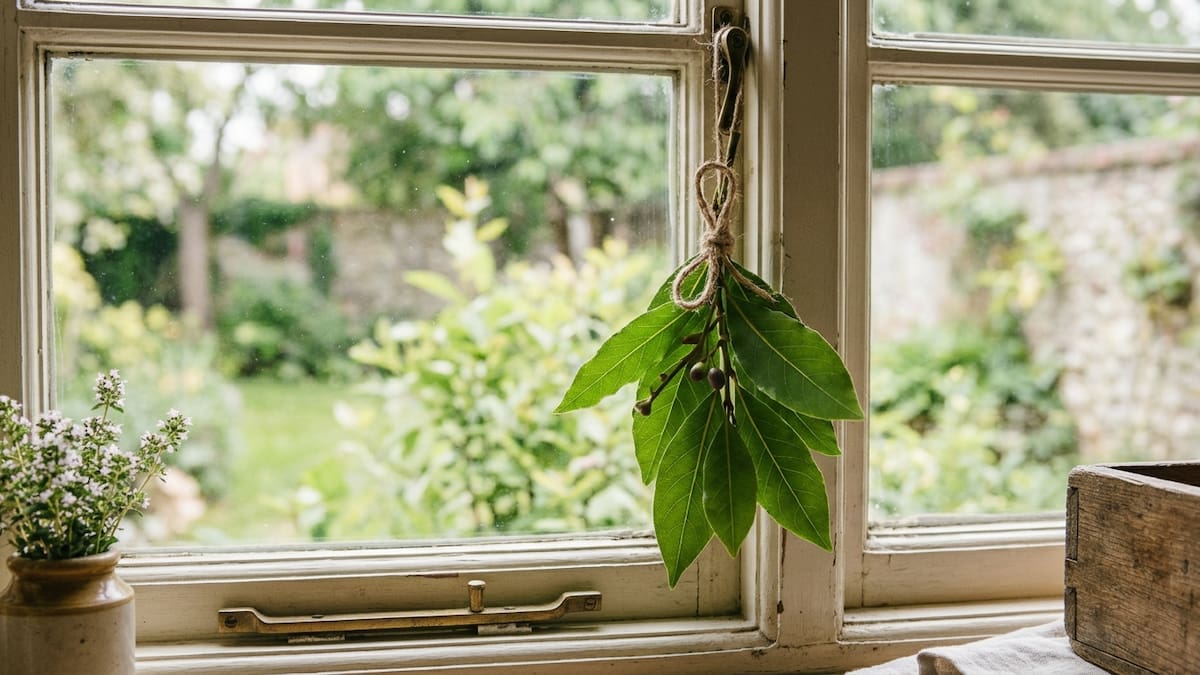 Hoja de laurel en la ventana