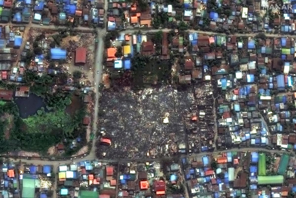 Imágenes satelitales de un barrio de la ciudad de Mandalay tras el terremoto que golpeó Birmania. Foto: EFE.