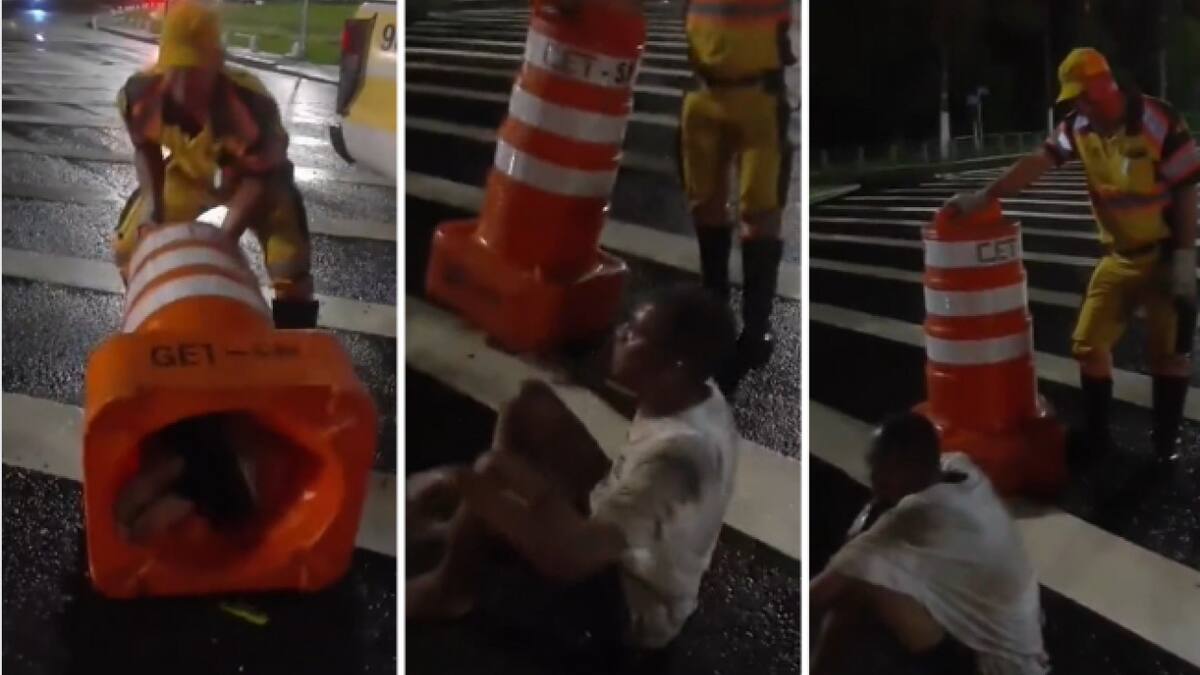 Insólito: encontraron un hombre dentro de un cono. Foto captura.