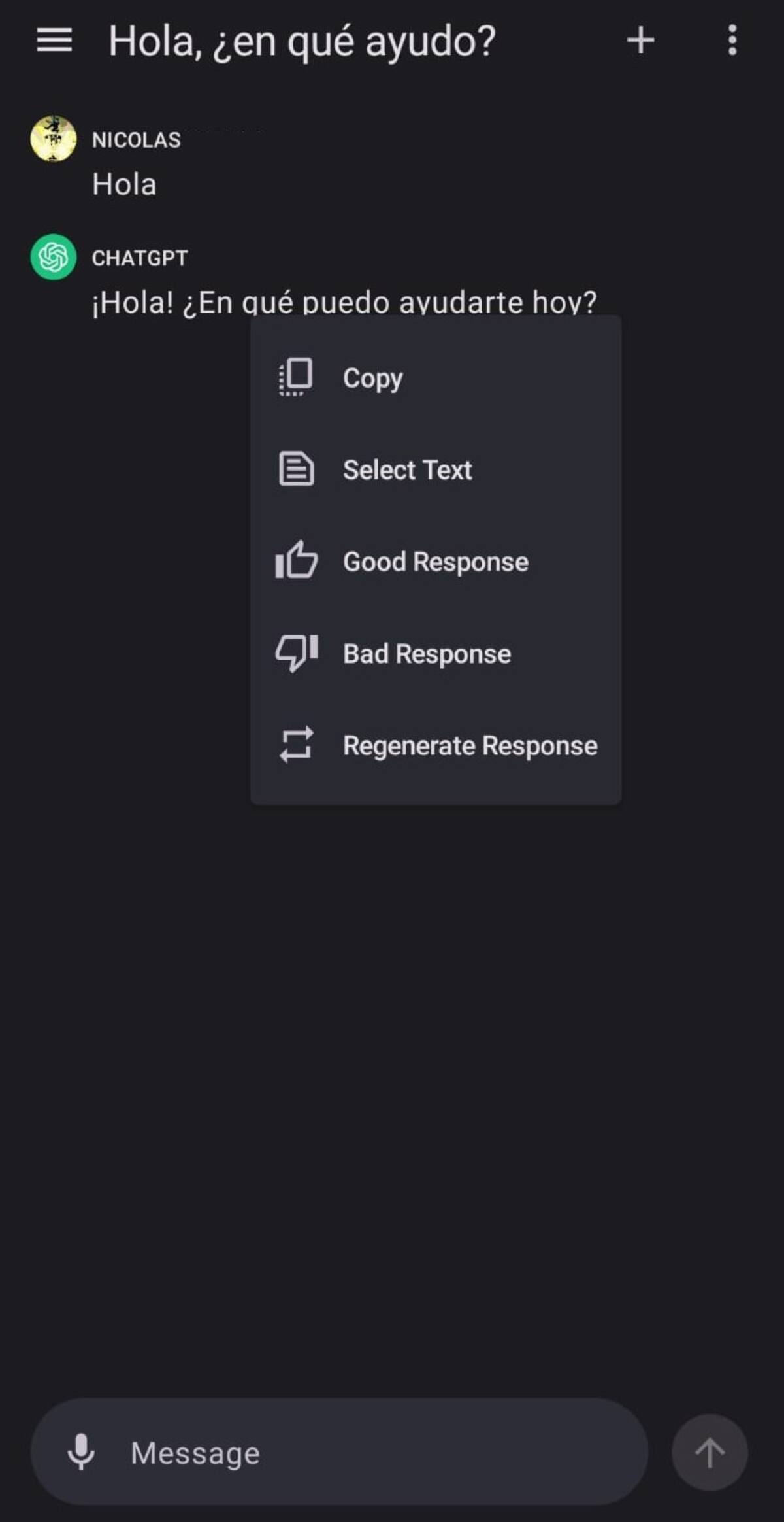 Interacción en ChatGPT en Android. Foto: captura de pantalla.