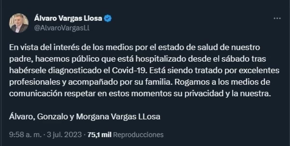Internación de Mario Vargas Llosa. Foto: Twitter.