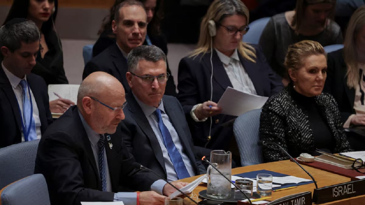 Gideon Sa’ar, canciller de Israel, durante su exposición en la ONU