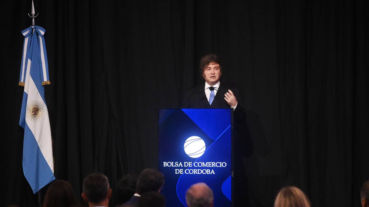 Javier Milei en la Bolsa de Comercio de Córdoba.