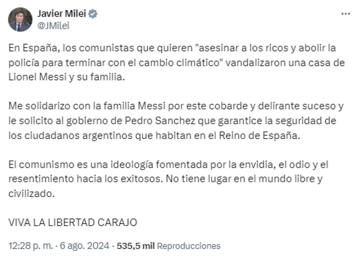 Javier Milei se expresó tras la vandalización a la propiedad de Messi en Ibiza. Foto: Twitter.