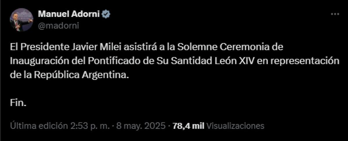 Javier Milei viajará al Vaticano, confirmado por Manuel Adorni. Foto: captura.