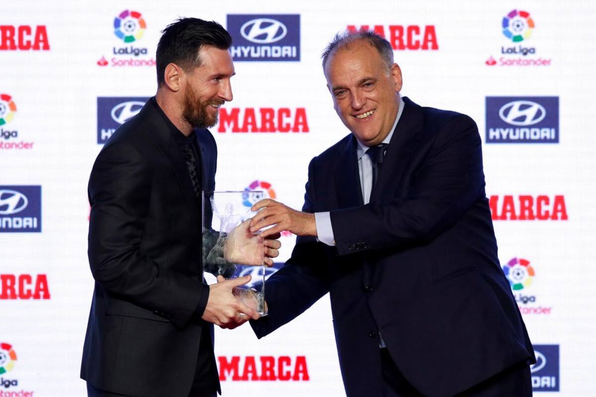 Javier Tebas y Lionel Messi, fútbol español. Foto: Reuters