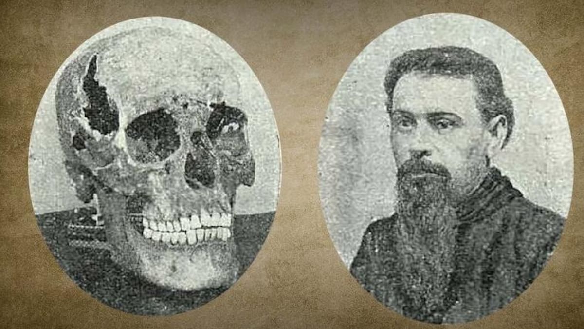 A la derecha el cráneo de Moreira cuya historia involucra a la familia del ex presidente Perón