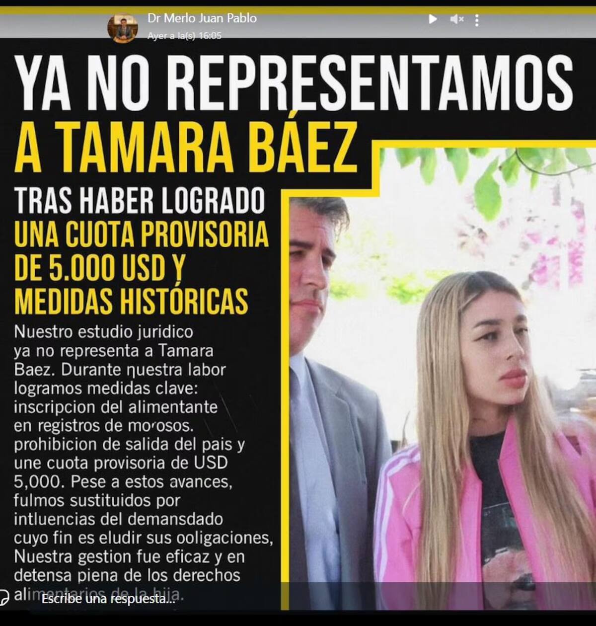 Juan Pablo Merlo, indignado tras el acuerdo entre Tamara Báez y L-Gante.